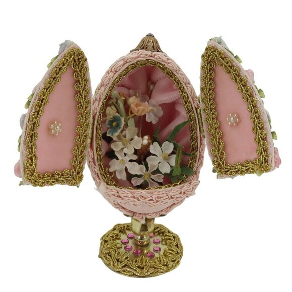 Vintage Handmade Embellished Real Egg Pink Painted Faux Flowers Pedestal Stand - Picture 1 of 16